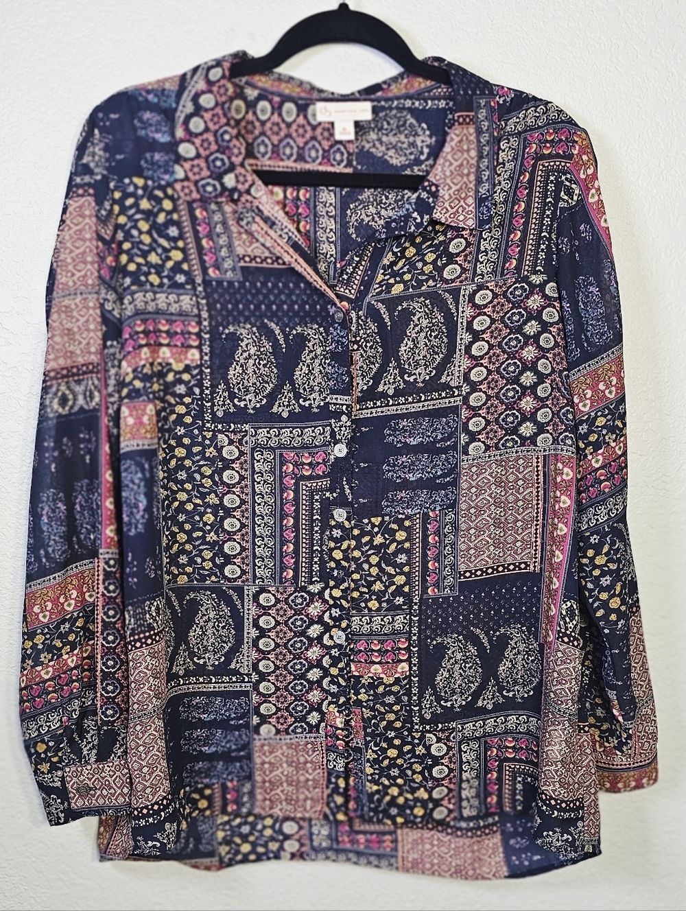 DressBarn XL Boho Patchwork Paisley Semi Sheer Button Front Blouse Tunic